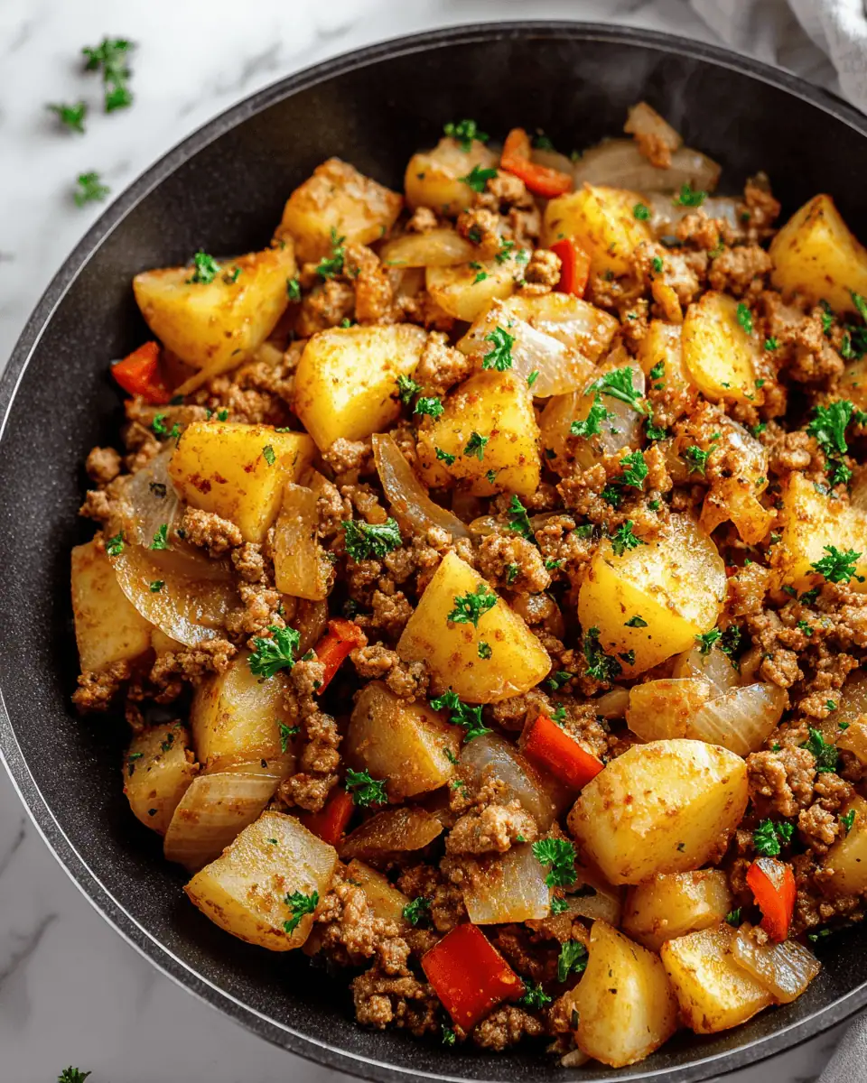 Easy Ground Turkey and Potato Skillet (30-Minute Meal!) 2 An overhead shot of the finished ground turkey and potato skillet, garnished with fresh herbs.