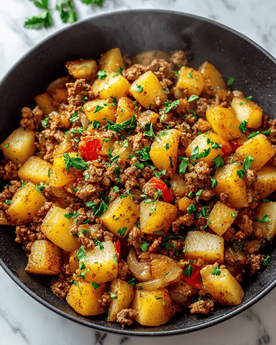 Easy Ground Turkey and Potato Skillet (30-Minute Meal!) 3 A large cast-iron skillet filled with a golden-brown hash of ground turkey, diced potatoes, and bell peppers.
