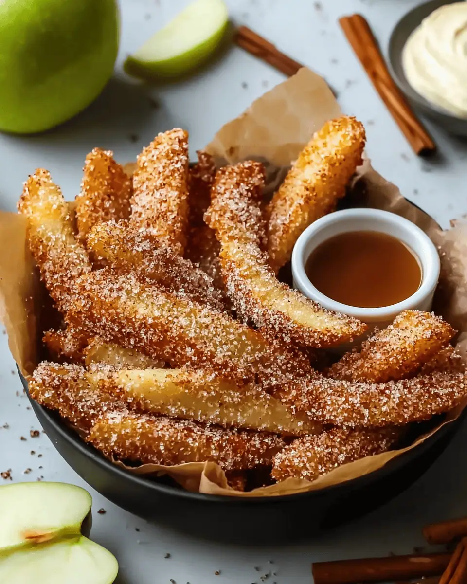 Crispy Air Fryer Apple Fries (with Cinnamon Sugar!) 3 A hand dipping a crispy air fryer apple fry into a small white ramekin of gooey caramel sauce.