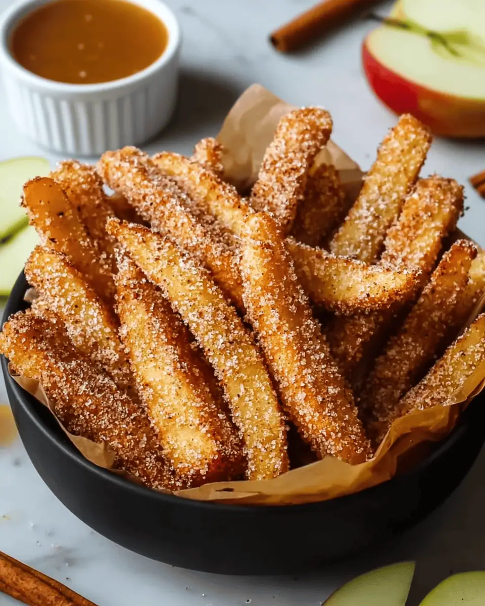 Crispy Air Fryer Apple Fries (with Cinnamon Sugar!) 2 An overhead shot of crispy air fryer apple fries scattered on a plate with a side of vanilla yogurt dip.