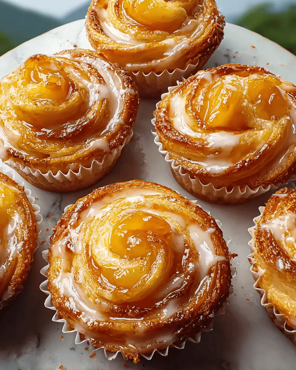 Easy Peach Pie Cruffins (Crescent Dough!) 1 A platter of golden-brown peach pie cruffins, drizzled with a simple white glaze.