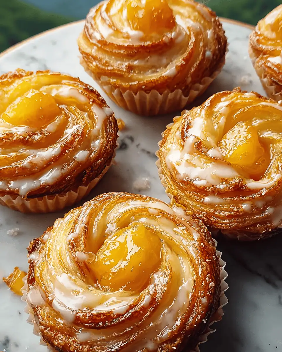 Easy Peach Pie Cruffins (Crescent Dough!) 2 A close-up of a single, flaky peach pie cruffin showing the peach jam spiral inside.
