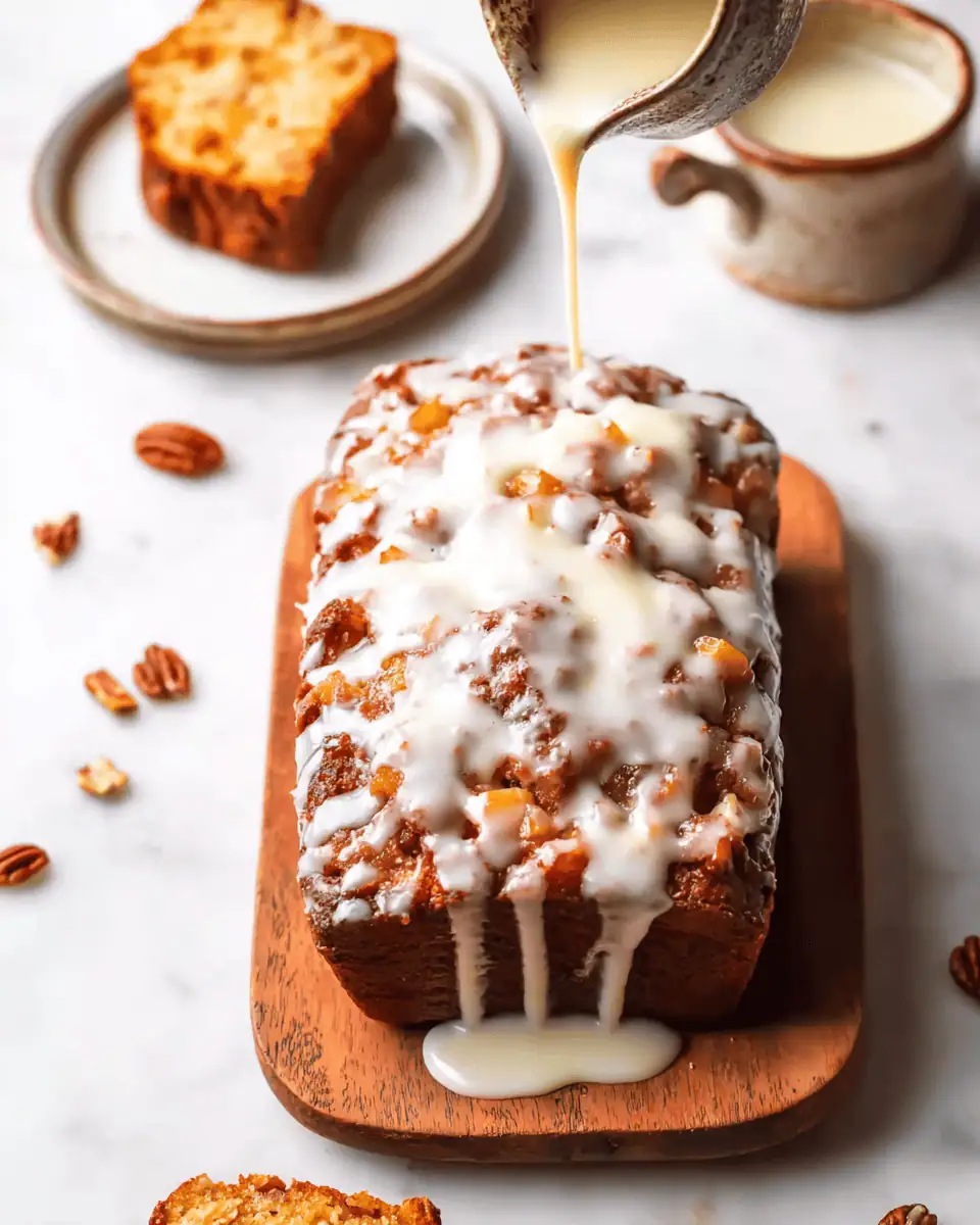 A thick slice of apple fritter bread on a white plate, showing the chunks of apple inside the moist crumb.