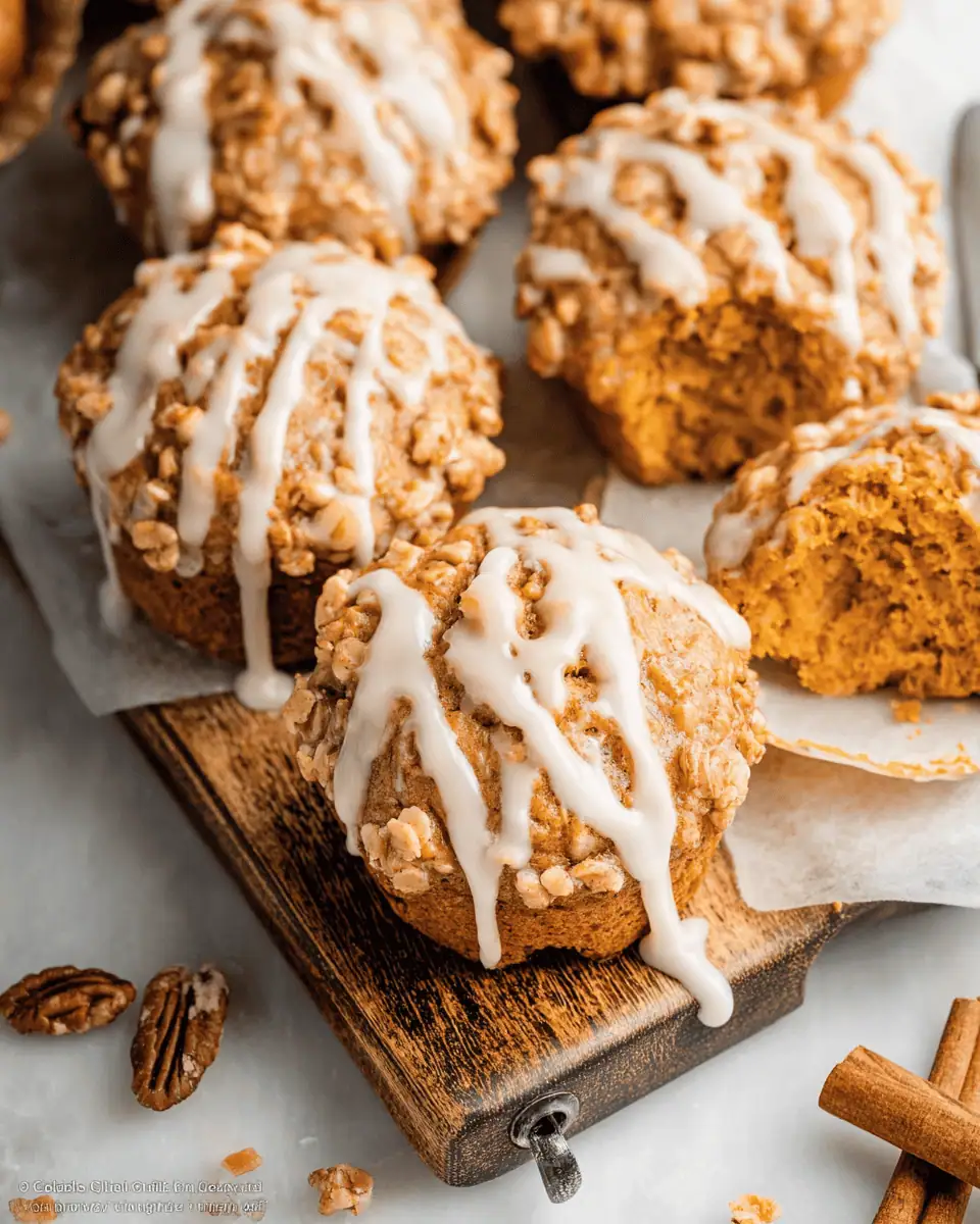 The Best Bakery-Style Pumpkin Streusel Muffins (Maple Glaze!) 1 A platter of golden-brown pumpkin streusel muffins, drizzled generously with a white maple glaze.