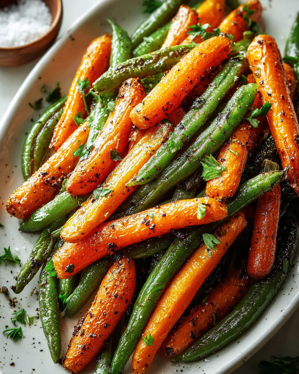 Perfect Roasted Carrots and Green Beans (Easy 30-Min Side!) 1 A serving of roasted carrots and green beans on a plate next to a piece of grilled chicken.