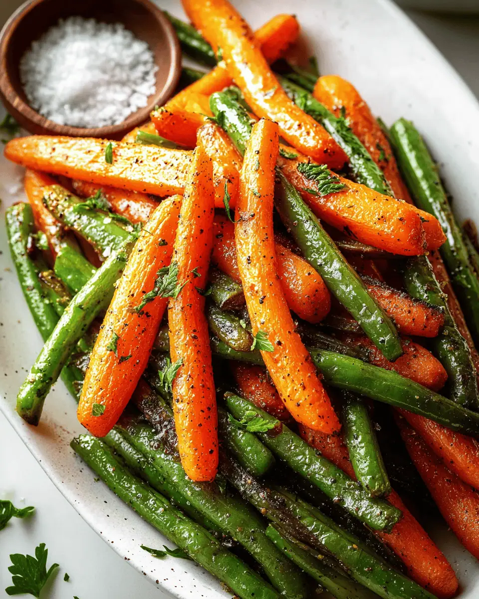 Perfect Roasted Carrots and Green Beans (Easy 30-Min Side!) 2 A close-up of the roasted carrots and green beans, highlighting the garlic and herb seasoning.