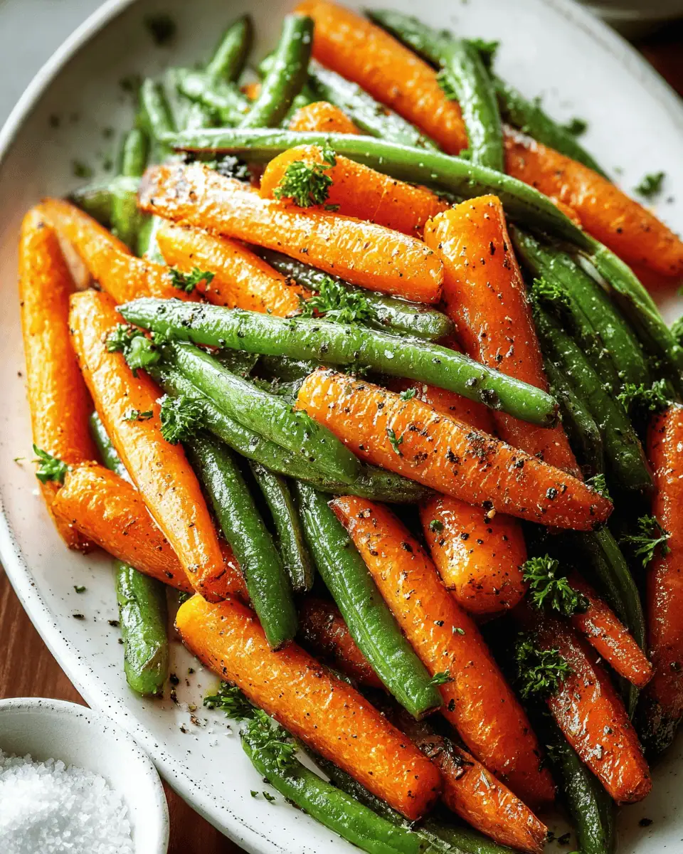 Perfect Roasted Carrots and Green Beans (Easy 30-Min Side!) 3 A white serving bowl filled with roasted carrots and green beans, garnished with fresh parsley.