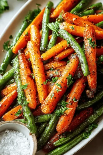 A large baking sheet of roasted carrots and green beans, showing golden-brown and caramelized edges.