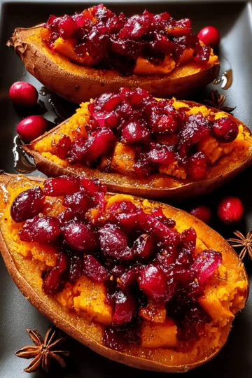 A fork taking a bite of a cranberry apple twice-baked sweet potato from its skin.