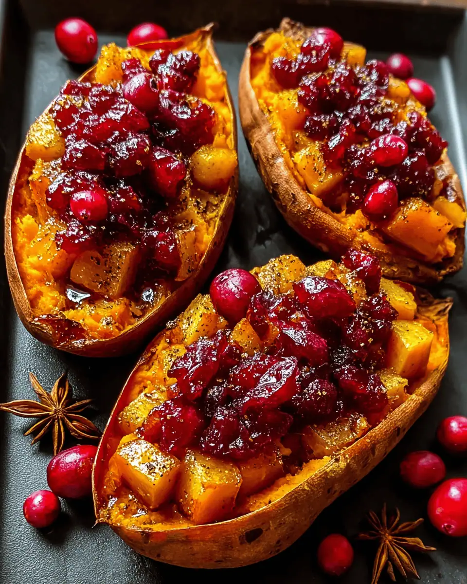 Cranberry Apple Twice-Baked Sweet Potatoes (The Perfect Fall Side!) 2 An overhead view of the stuffed sweet potatoes on a platter, garnished with fresh herbs.