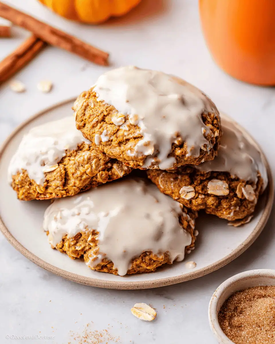 Soft and Chewy Pumpkin Oatmeal Cookies (with Brown Butter!) 3 An overhead shot of glazed pumpkin oatmeal cookies cooling on a black wire rack.