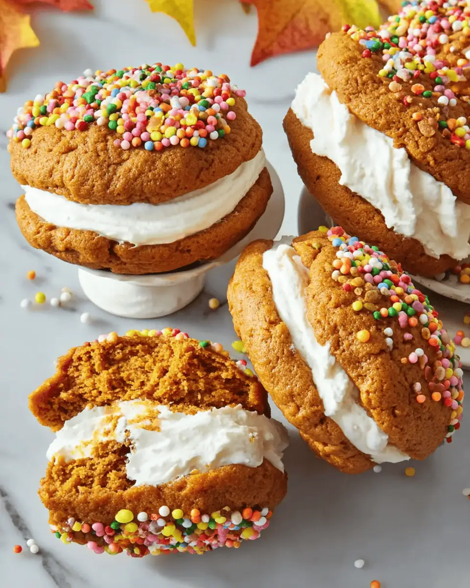 An overhead shot of several pumpkin whoopie pies on a white plate, ready to be served.