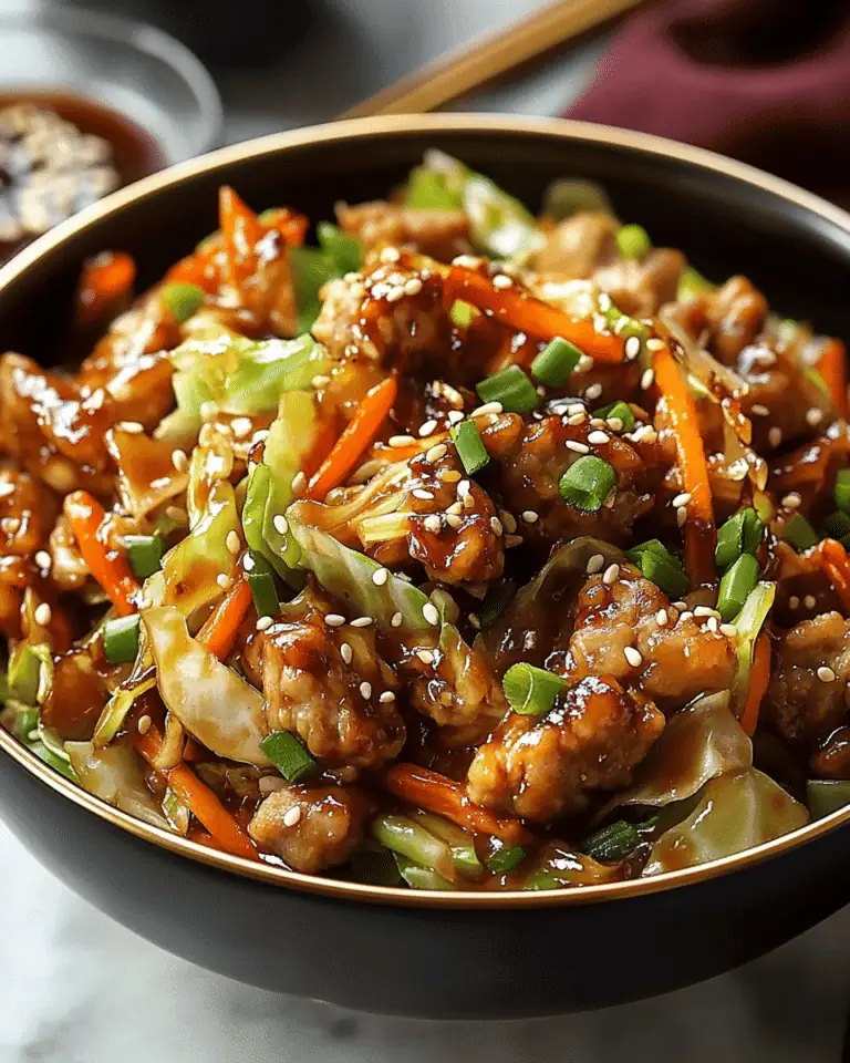 Egg roll stir fry served with a drizzle of spicy sriracha mayonnaise.