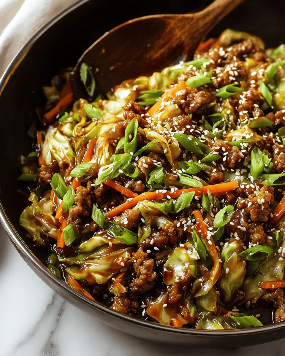 20-Minute Egg Roll Stir Fry (Egg Roll in a Bowl) 2 A skillet filled with cooking cabbage, carrots, and ground meat.