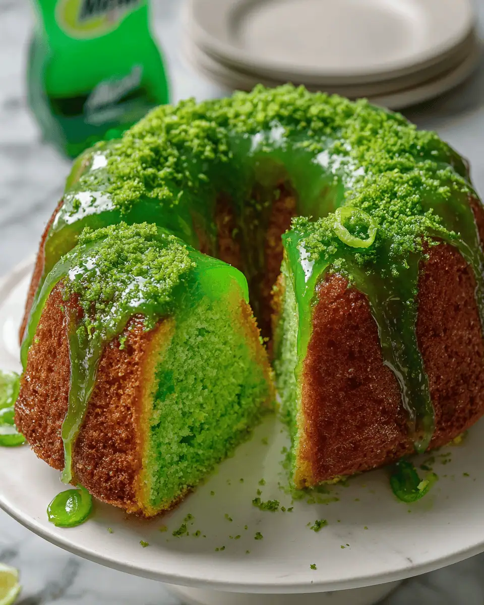 Ultra-Moist Mountain Dew Cake with Citrus Glaze 4 A slice of neon green Mountain Dew cake on a plate, showing the moist, dense texture.