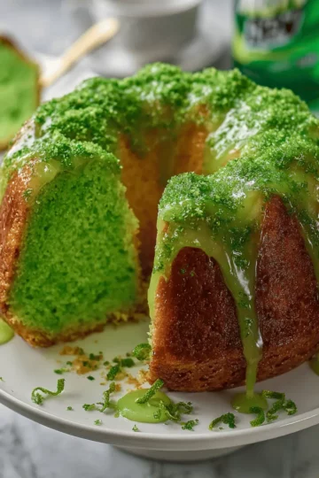 Ultra-Moist Mountain Dew Cake with Citrus Glaze 11 Bottles of Mountain Dew, a box of cake mix, and lemon pudding gathered on a counter.