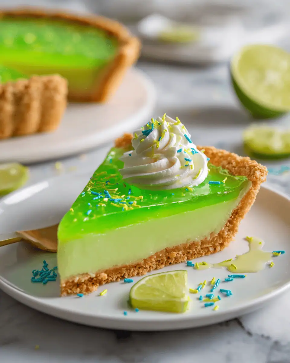 Sweet and Tangy Mountain Dew Pie from Scratch 3 An overhead shot of the sliced pie, highlighting the contrast between the crust and the vibrant filling.