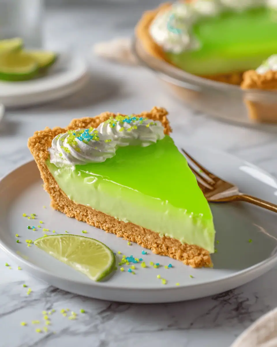 Sweet and Tangy Mountain Dew Pie from Scratch 2 A slice of neon yellow-green Mountain Dew pie on a plate with a dollop of whipped cream.