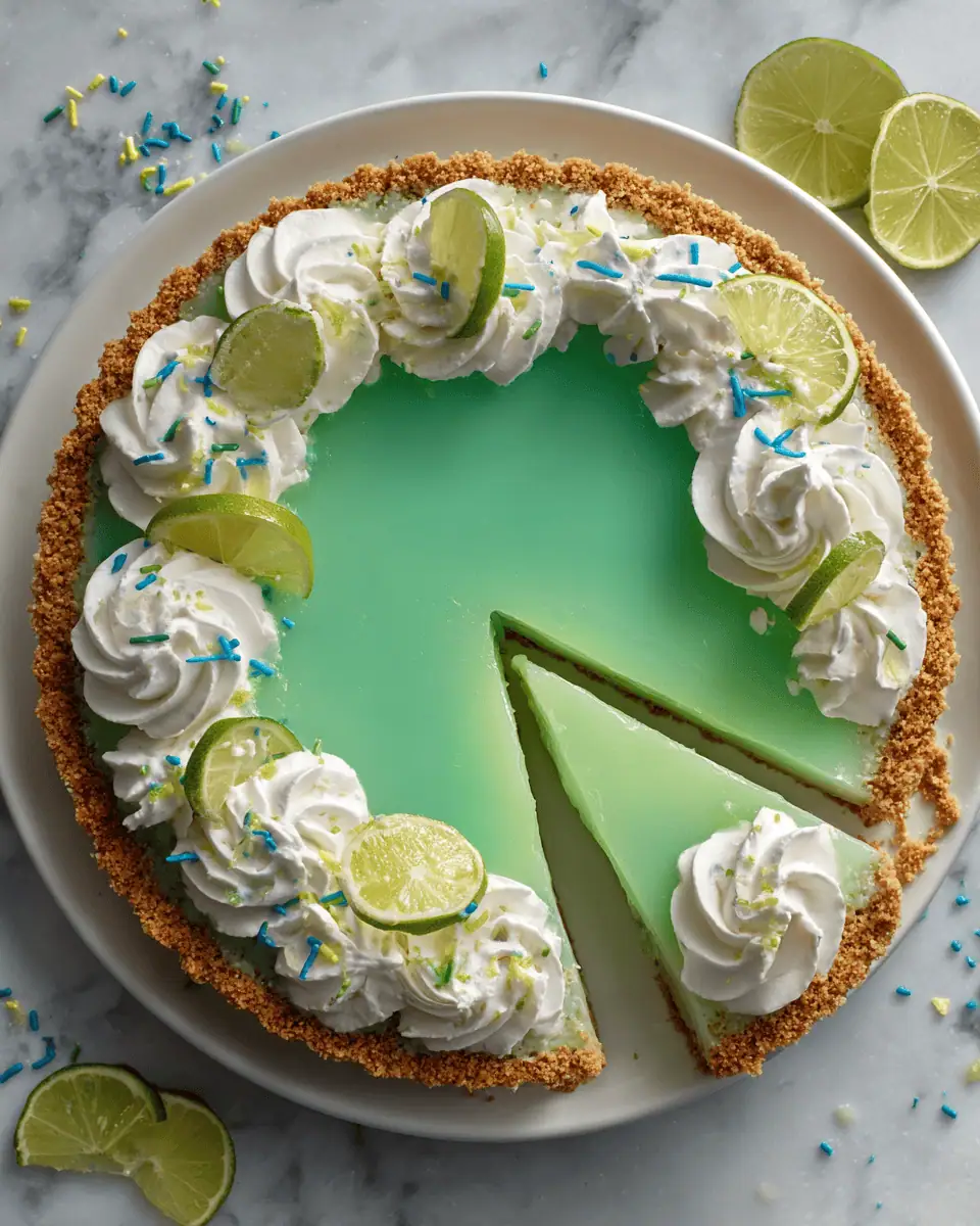 The Ultimate Baja Blast Pie – Yes, Really! 2 A slice of vibrant, teal-green Baja Blast Pie on a white plate, topped with a large dollop of whipped cream.