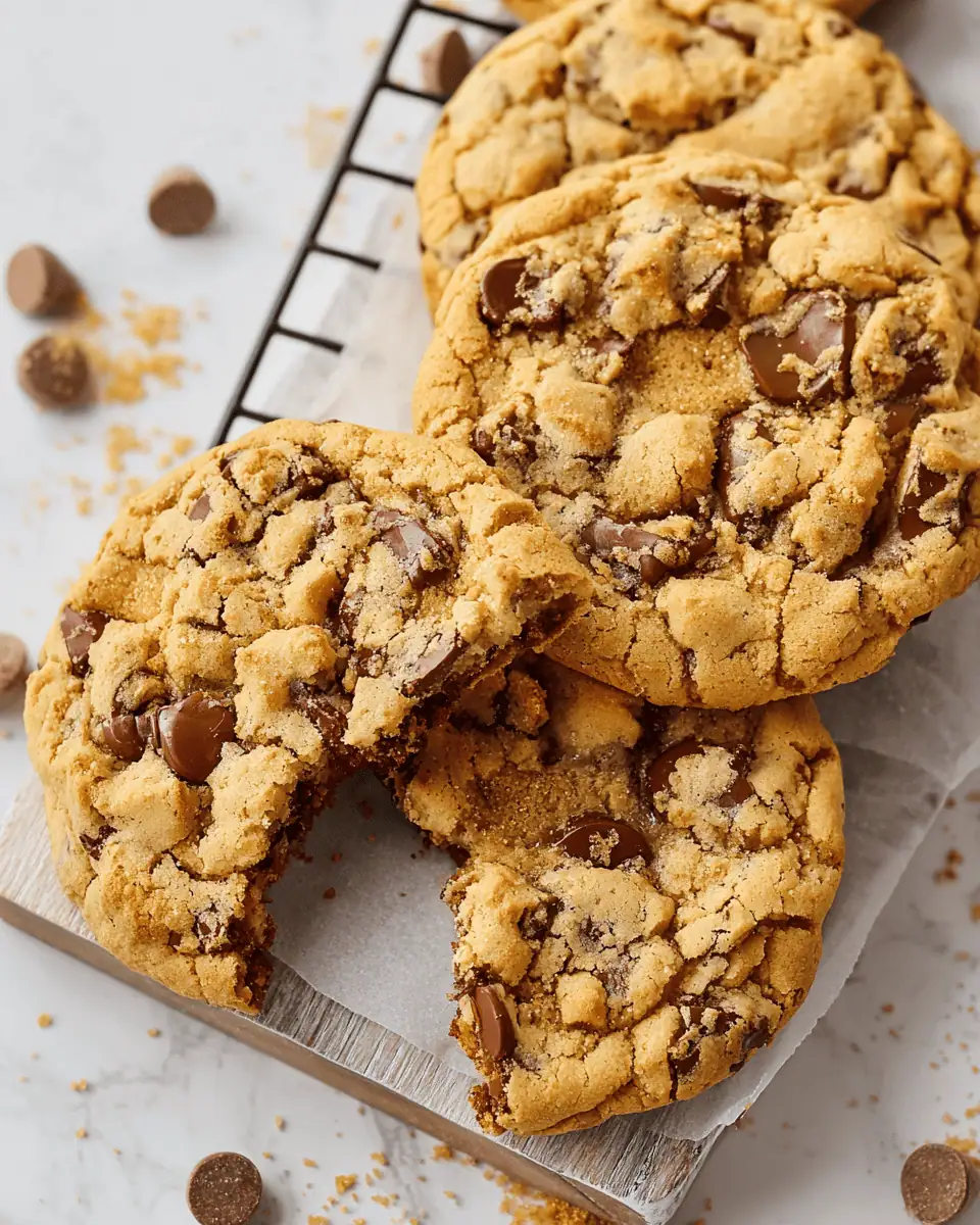 Copycat Crumbl Chocolate Chip Cookies – Soft, Thick, Bakery-Style 3 A stack of giant, thick milk chocolate chip cookies with golden brown edges.