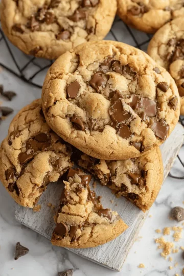 Copycat Crumbl Chocolate Chip Cookies – Soft, Thick, Bakery-Style 9 A baking sheet filled with freshly baked, thick chocolate chip cookies cooling on parchment paper.
