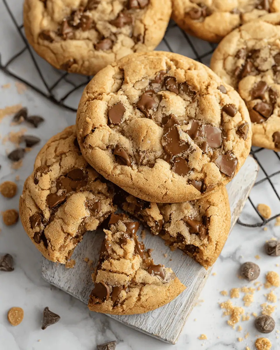 Copycat Crumbl Chocolate Chip Cookies – Soft, Thick, Bakery-Style 1 A baking sheet filled with freshly baked, thick chocolate chip cookies cooling on parchment paper.