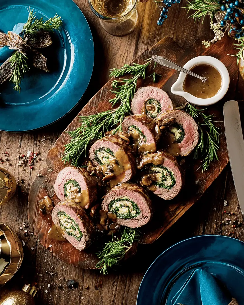 Stuffed Beef Tenderloin Recipe with Creamed Spinach and Burgundy Sauce 3 Sliced stuffed beef tenderloin revealing a green spinach spiral served with mushroom sauce.