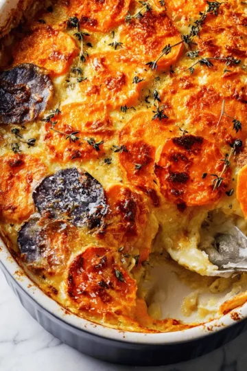 Elegant Sweet Potato Gratin with Gruyère and Sage 8 The finished sweet potato gratin resting on a platter, garnished with fresh thyme leaves.