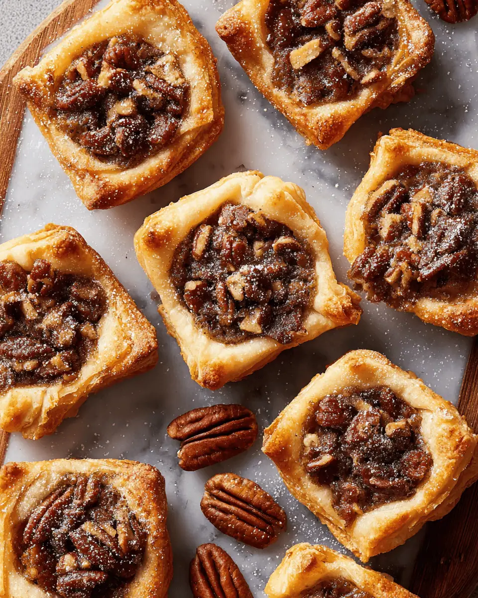 Easy Pecan Pie Bites - Crescent Roll Shortcut 1 A close-up of a single pecan pie bite, showing the crescent roll crust and the gooey pecan filling.