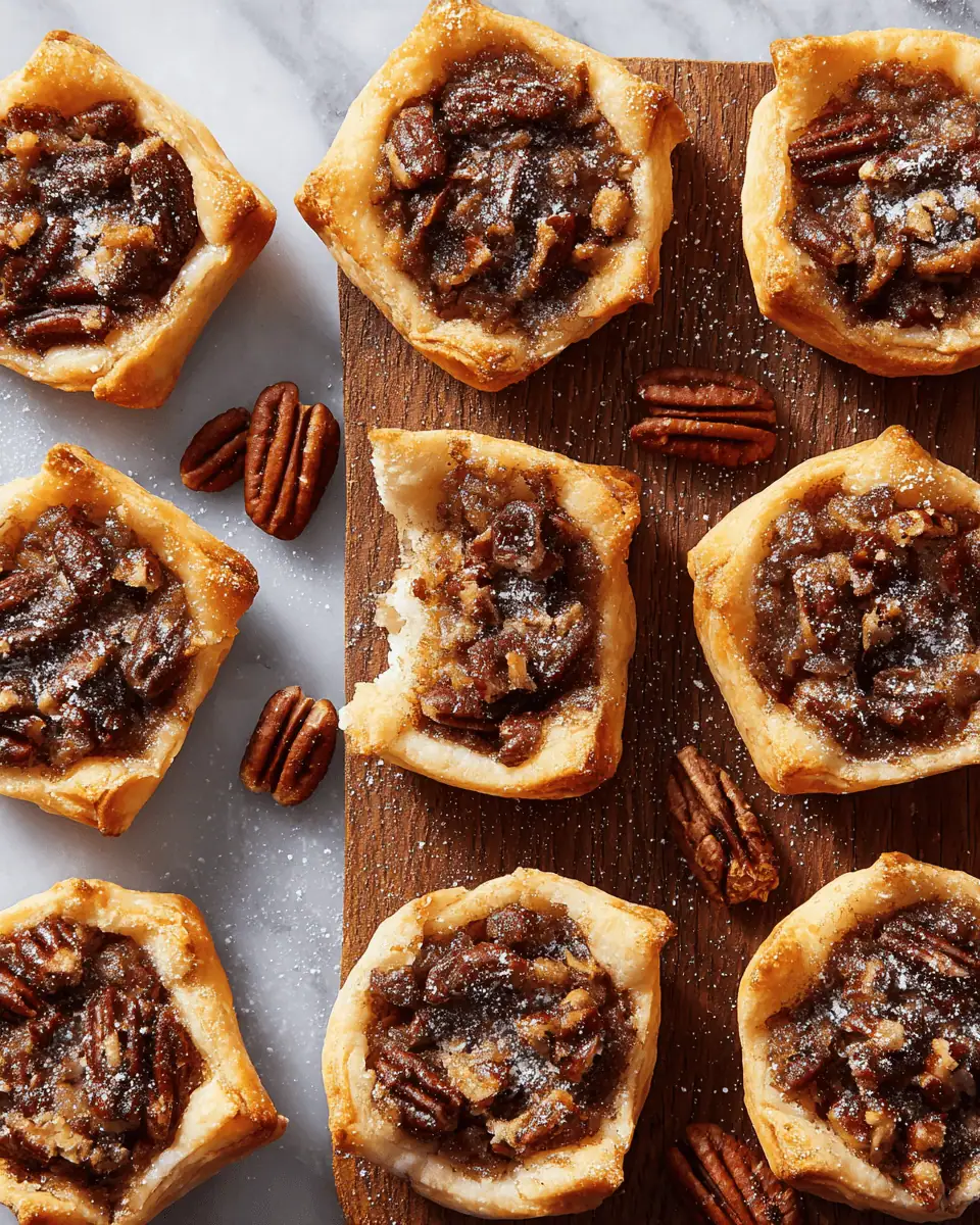 Easy Pecan Pie Bites - Crescent Roll Shortcut 2 A hand taking a warm pecan pie bite from the muffin tin, with a scoop of vanilla ice cream in the background.