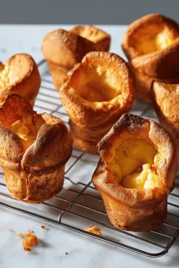 A popover broken in half, showing the hollow, steamy, and tender, custardy-eggy interior.