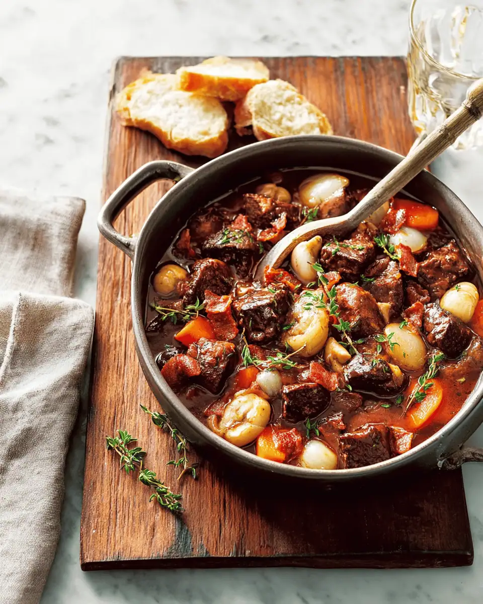 Slow-Cooker Beef Bourguignon: Tender French Stew Made Easy 3 A bowl of rich beef bourguignon stew topped with crispy bacon and fresh thyme served with crusty bread.