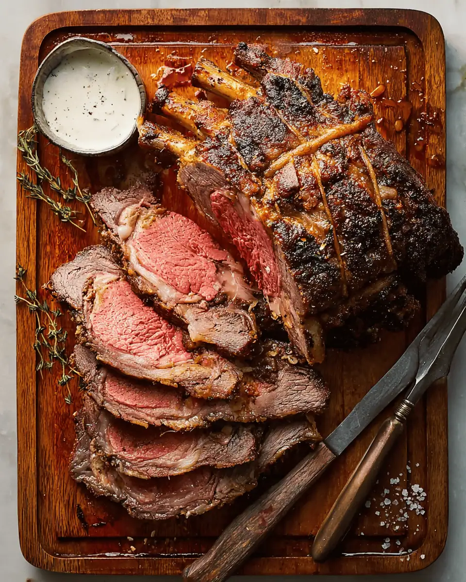 Prime Rib With Horseradish Dipping Sauce - The Ultimate Holiday Roast 1 The raw prime rib roast on a wire rack, covered in seasoning, ready to be cooked.