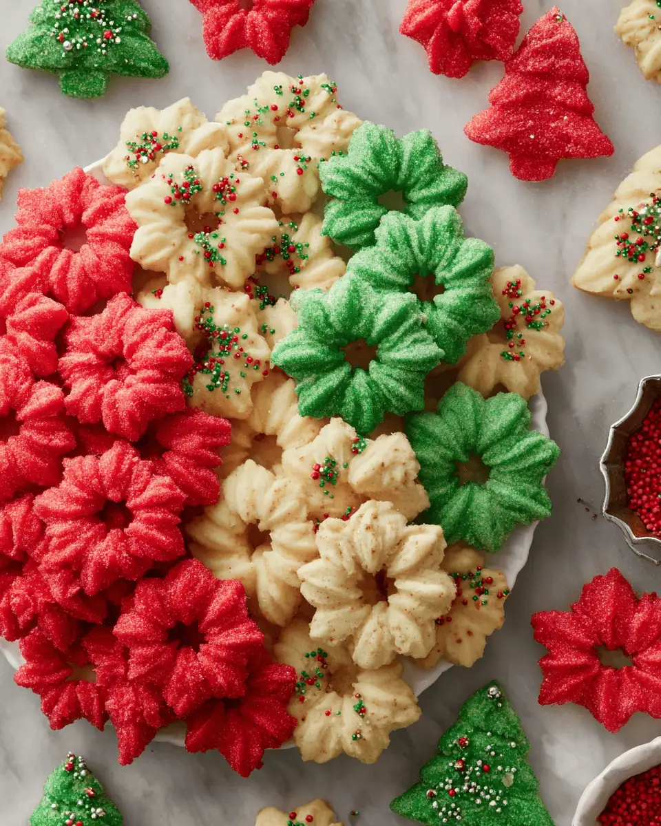 Classic Buttery Spritz Cookies (Easy Cookie Press Recipe!) 1 A festive holiday platter filled with assorted spritz cookies in wreath, star, and flower shapes.