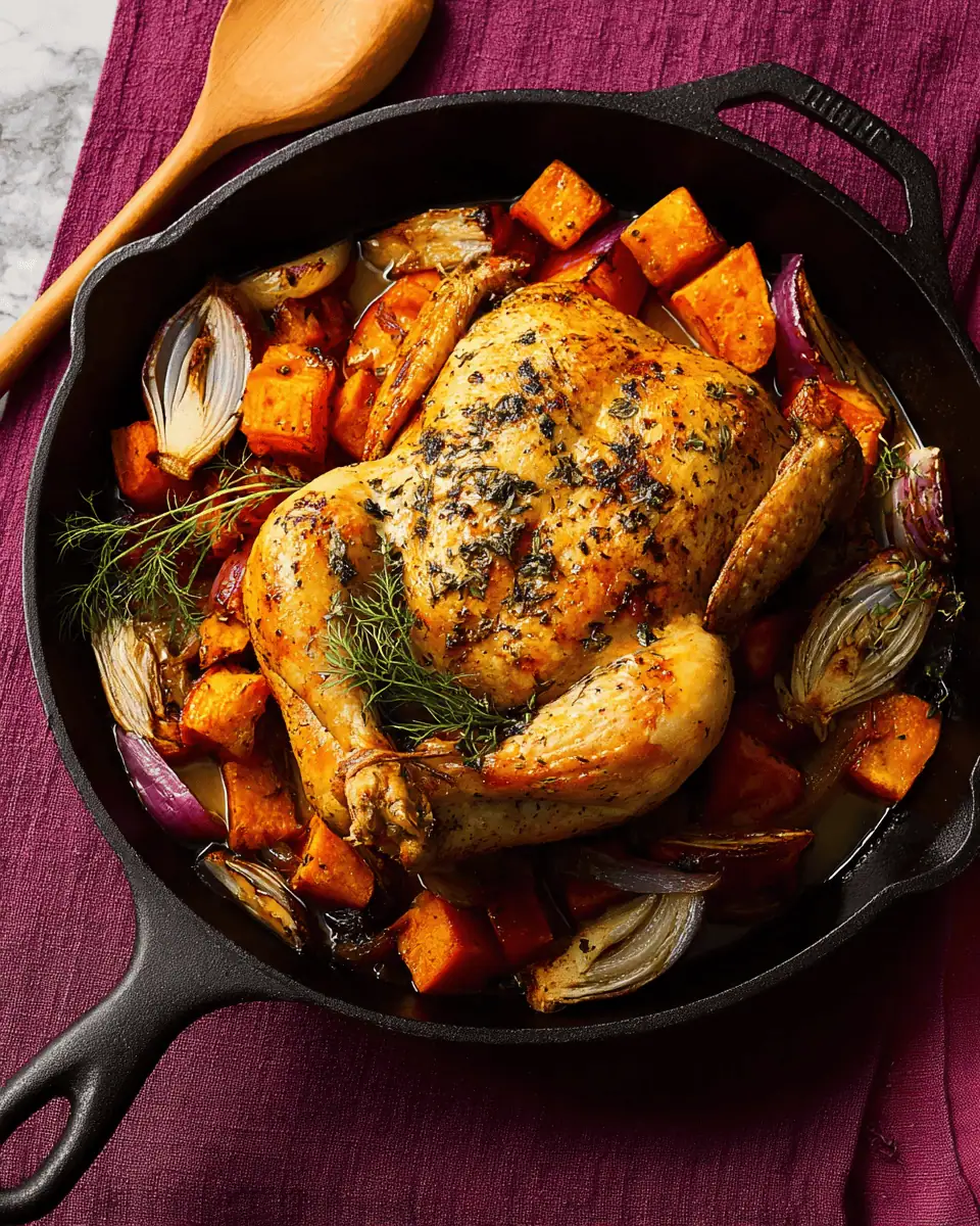 Cast Iron Roast Chicken with Butternut Squash and Herbs 3 A whole, golden-brown roast chicken sitting on a bed of raw root vegetables inside a cast iron skillet.