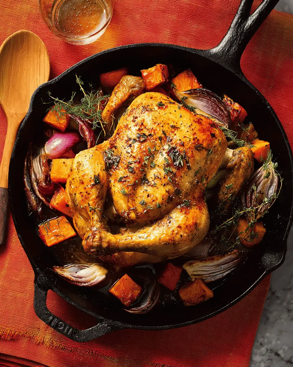 Cast Iron Roast Chicken with Butternut Squash and Herbs 4 The finished roast chicken surrounded by caramelized butternut squash, fennel, and potatoes in the cast iron pan.