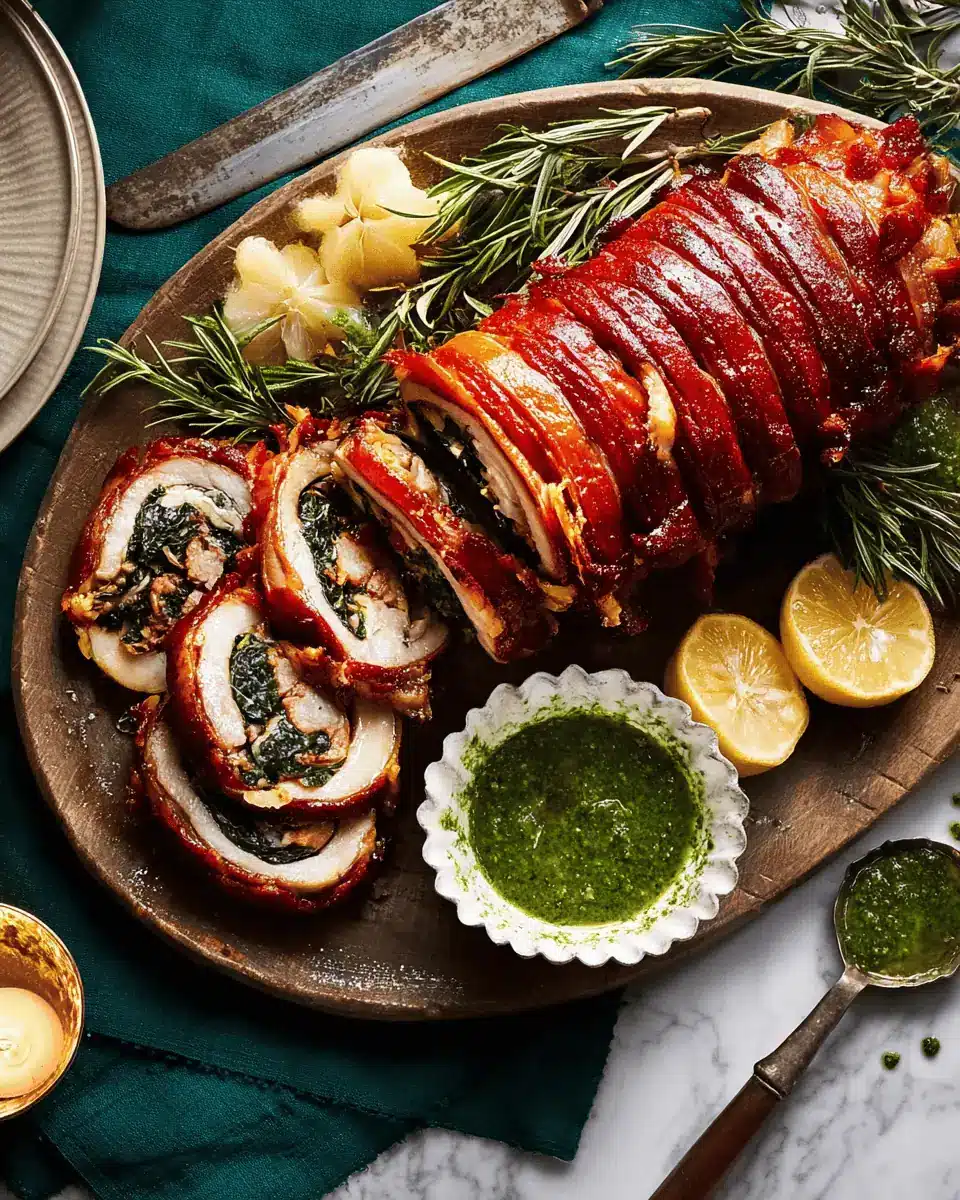 Crispy Porchetta with Collard Green Filling & Lemony Herb Sauce 3 The finished porchetta roast on a cutting board, ready to be served as a holiday centerpiece.