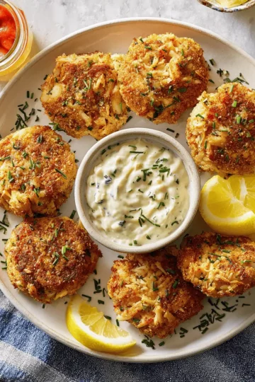 Golden-brown crab cakes cooking in a single layer inside an air fryer basket.