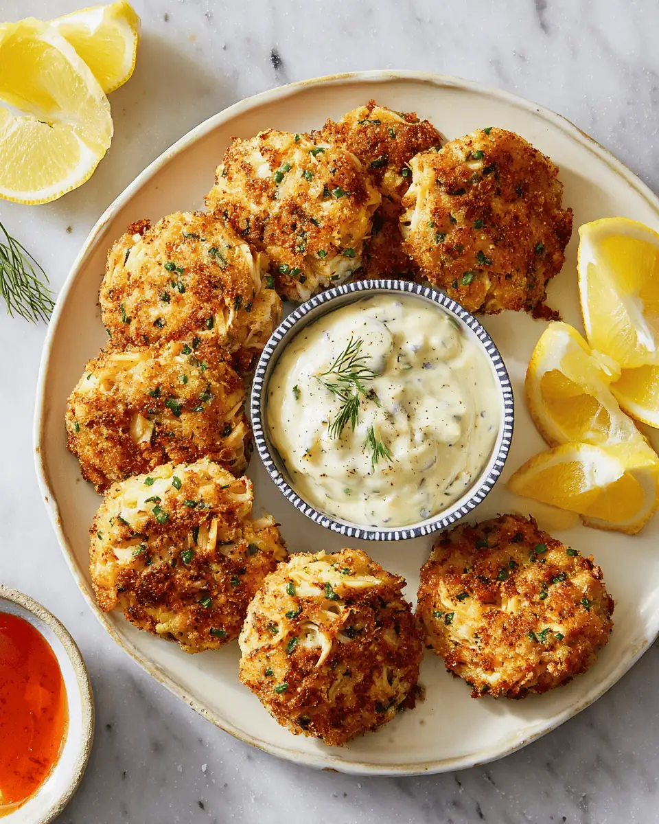 The Best Crispy Air Fryer Crab Cakes (Easy 15-Minute Recipe!) 1 Two air fryer crab cakes on a white plate, served with a side of creamy, homemade tartar sauce.