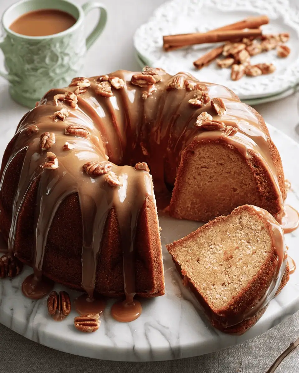 Brown Sugar Pound Cake: A Rich Caramel Glazed Dessert 3 A golden bundt cake drizzled with brown butter glaze and topped with chopped pecans on a cake stand.