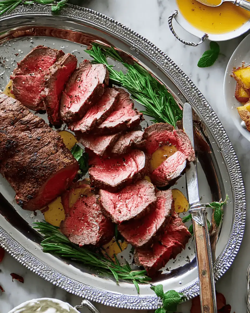 Perfect Roasted Beef Tenderloin: The Ultimate Holiday Centerpiece 3 A whole roasted beef tenderloin with a golden brown crust resting on a wire rack.
