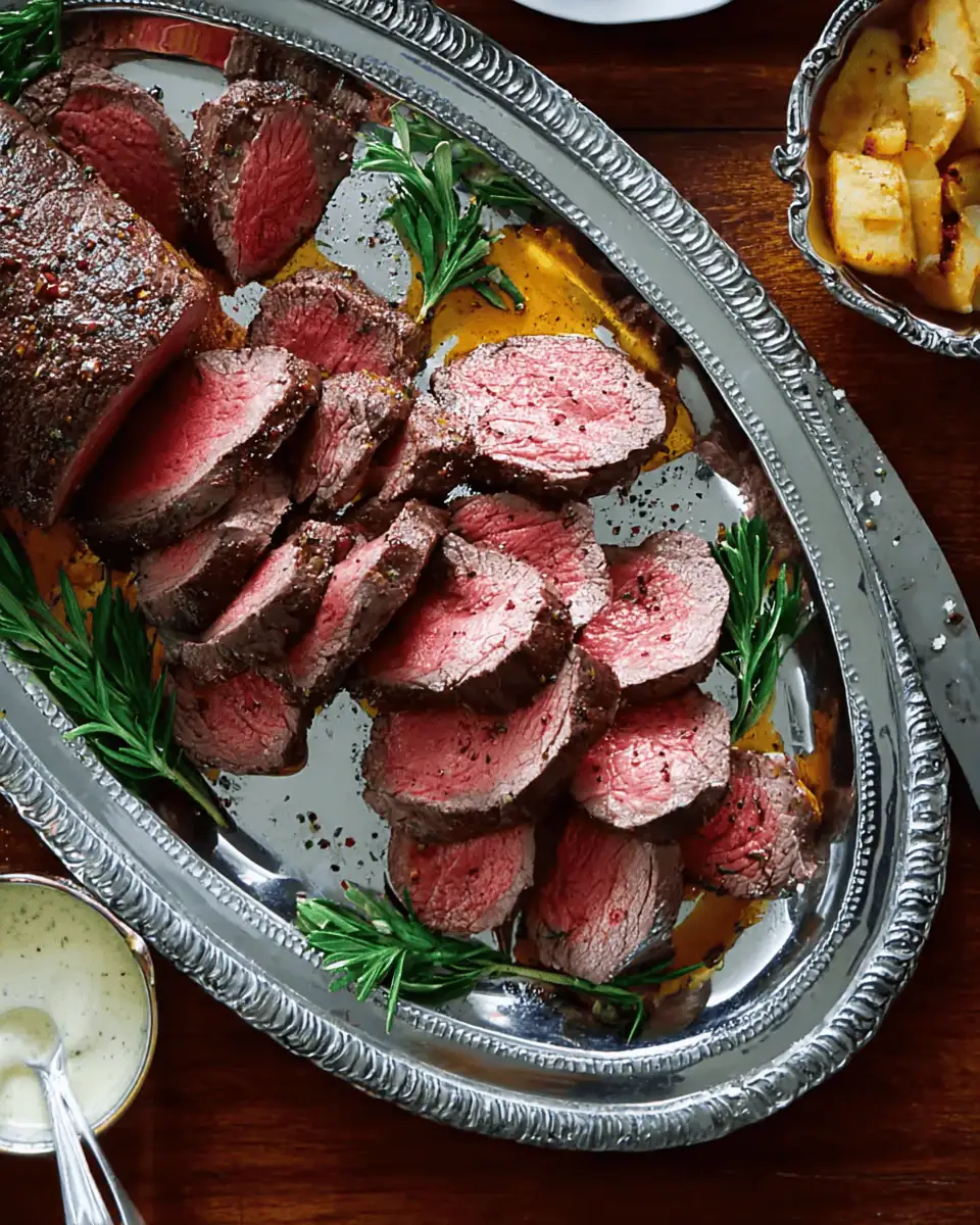 Perfect Roasted Beef Tenderloin: The Ultimate Holiday Centerpiece 1 A knife slicing through the roasted tenderloin revealing a perfect pink medium-rare center.