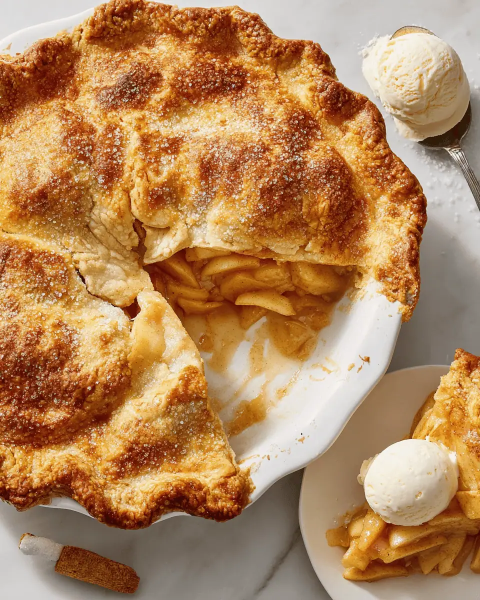 The Ultimate Classic Apple Pie - Perfect Flaky Crust! 1 A clean slice of warm apple pie on a plate, topped with a melting scoop of vanilla ice cream.