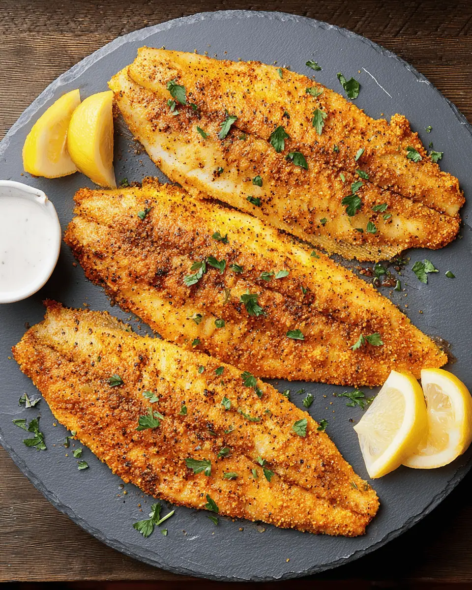 Easy Baked Catfish - Crispy Cornmeal Crust 2 A close-up of a single baked catfish fillet, showing the savory, golden cornmeal crust.