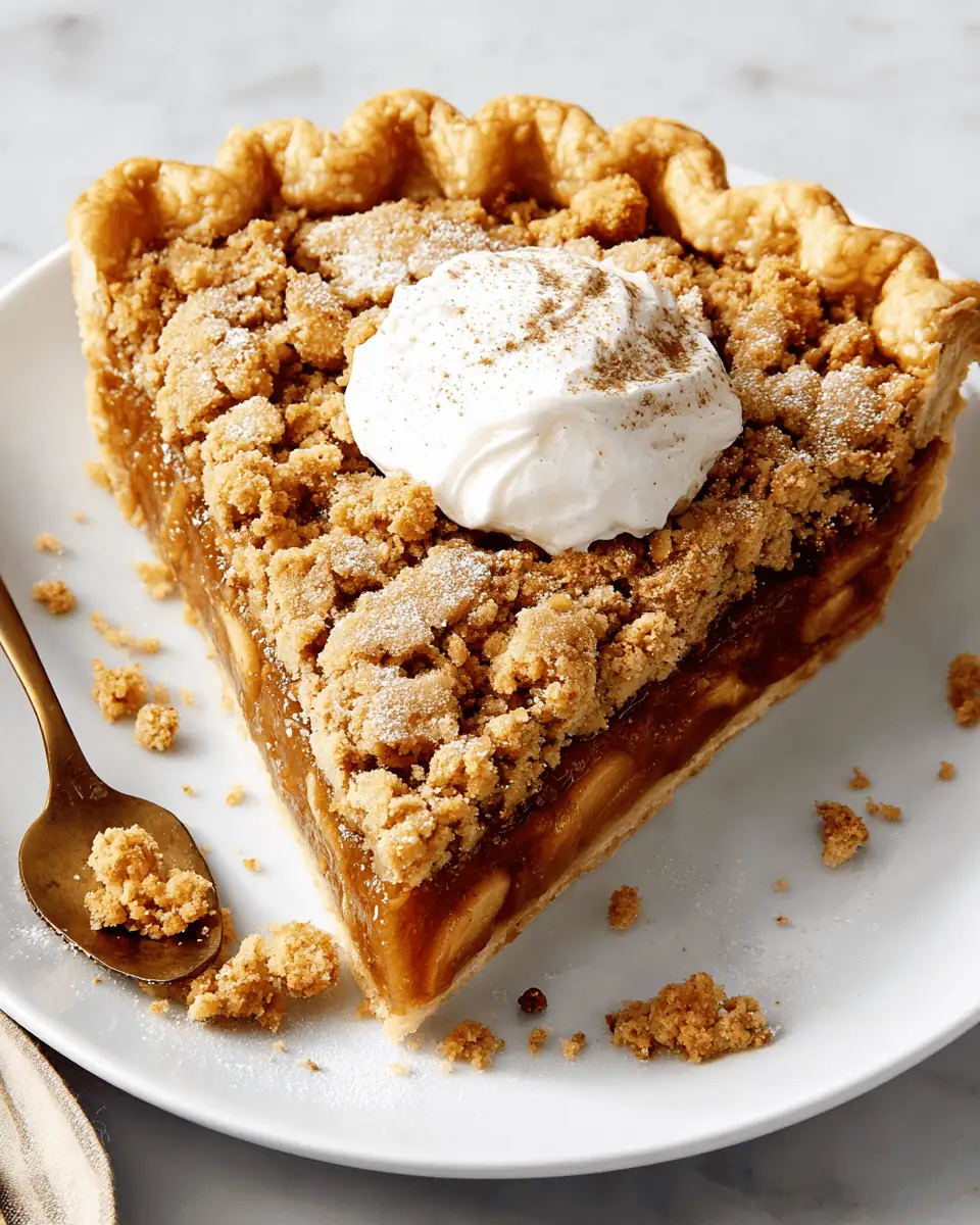 Classic Apple Butter Pie - A Double-Crust Fall Treat 3 A whole baked apple butter pie in a glass dish, topped with a golden-brown oat crumble crust.