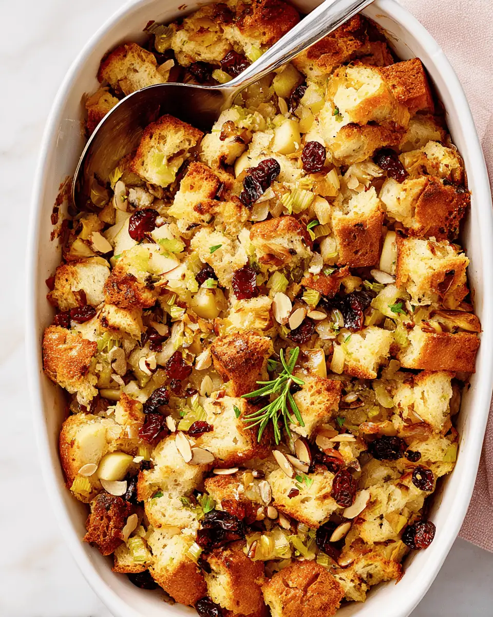 Best-Ever Sourdough Apple Stuffing (Easy Thanksgiving Side!) 2 An overhead shot of the apple stuffing, showing bright red cranberries, sliced almonds, and a golden top.