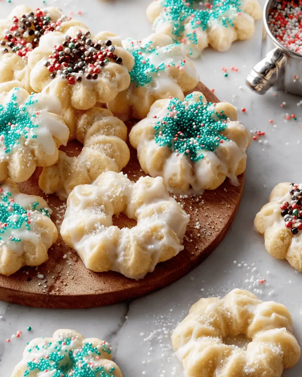 Buttery Spritz Cookies: A Melt-in-Your-Mouth Holiday Press Recipe 2 Dipping a baked spritz cookie into a bowl of white sugar glaze.