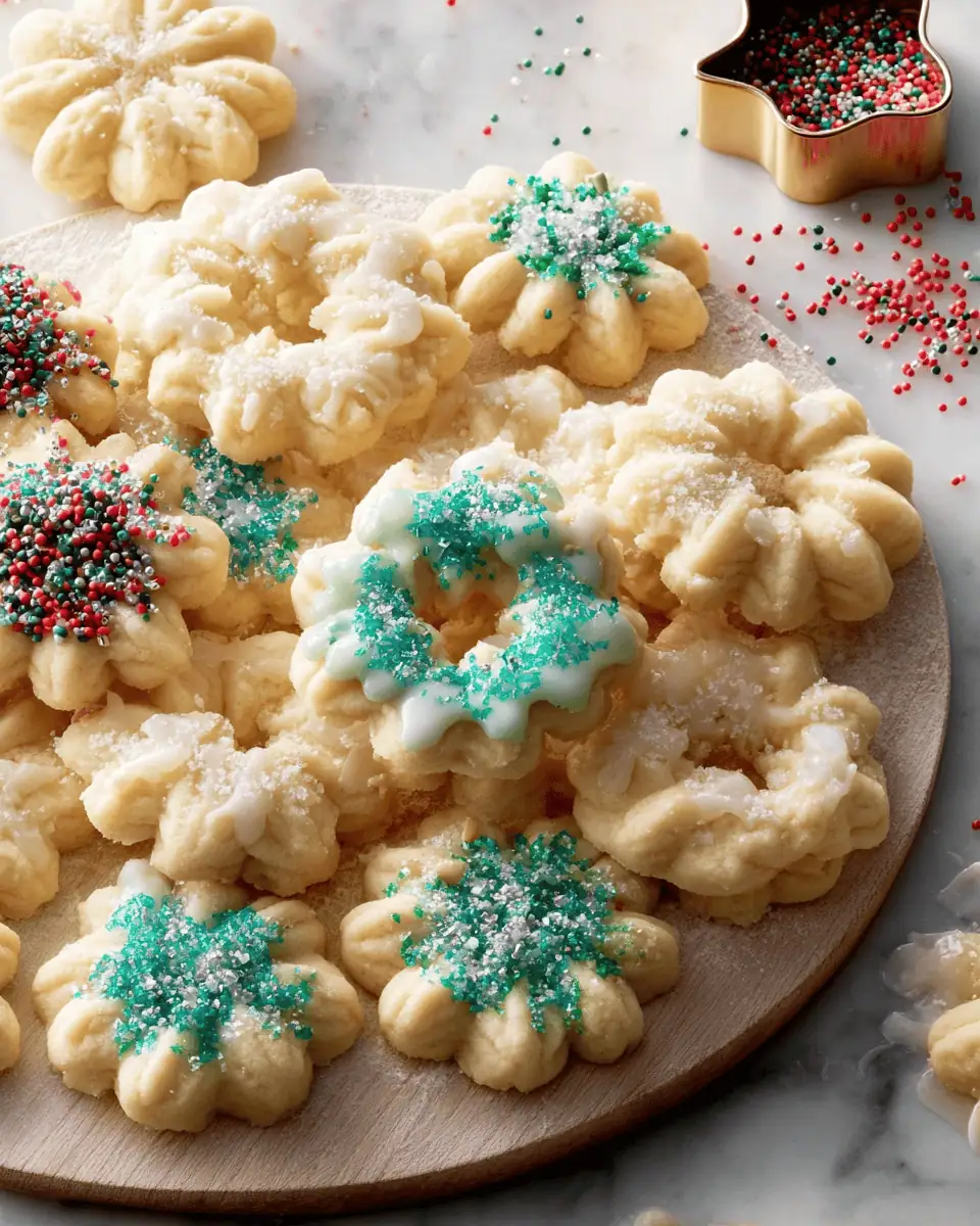 Buttery Spritz Cookies: A Melt-in-Your-Mouth Holiday Press Recipe 3 Pressed raw spritz cookies shaped like wreaths and stars on an ungreased baking sheet.