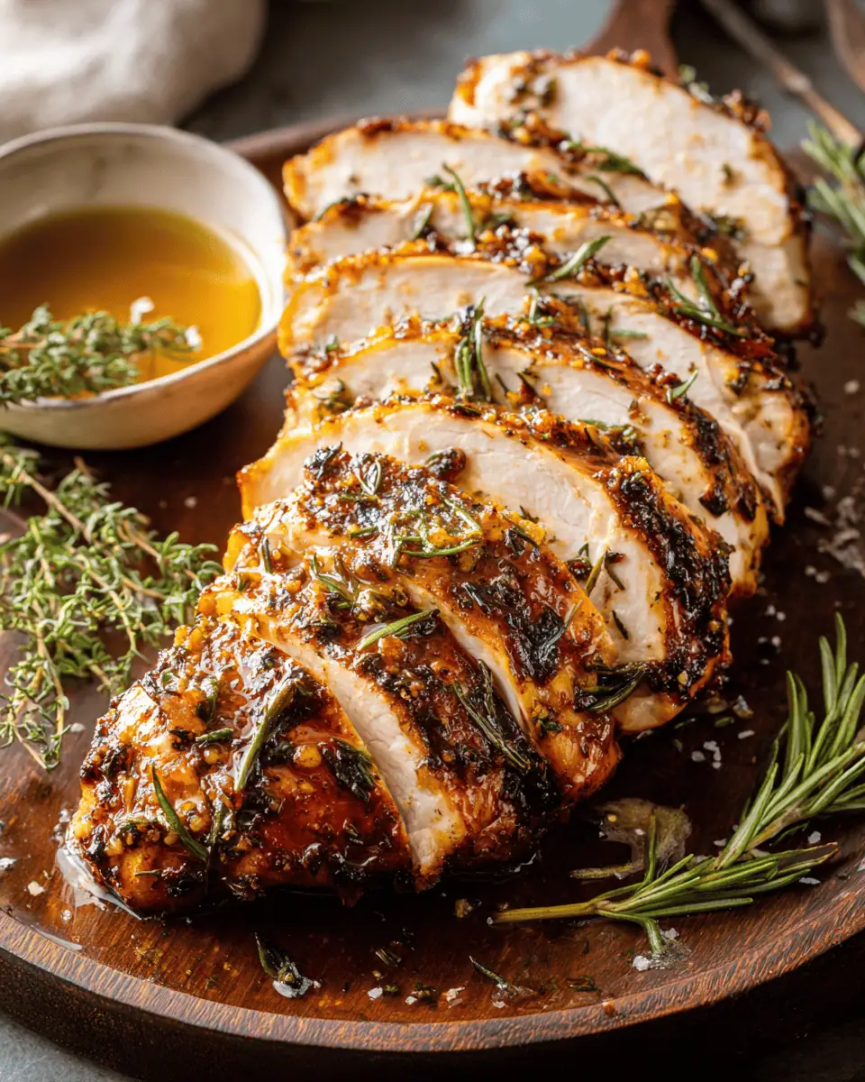 Juicy Air Fryer Garlic Herb Turkey Breast 2 A platter with a whole, golden-brown air fryer turkey breast, sliced and garnished with fresh herbs.