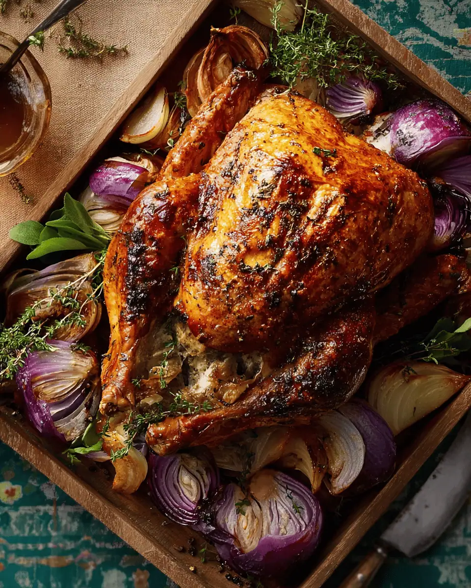 French Onion Turkey - The Ultimate Holiday Roast 3 A whole, golden-brown roasted turkey on a platter, covered in a dark, crispy French Onion seasoning rub.